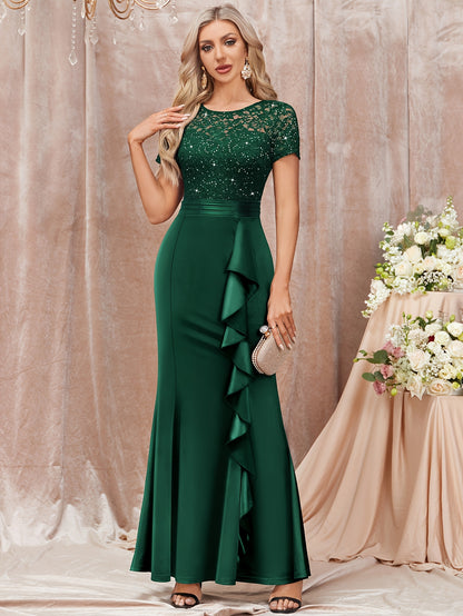 53272 Elegant Womens Sequin Lace Contrast Bridesmaid Maxi Dress, Scoop Neck Short Sleeves, Side Ruffle Detail, Satin Mermaid Hem, Perfect for Graduation Season, Wedding Season, Summer Wedding Guest, Evening Party, Summer Vacation Events And Formal