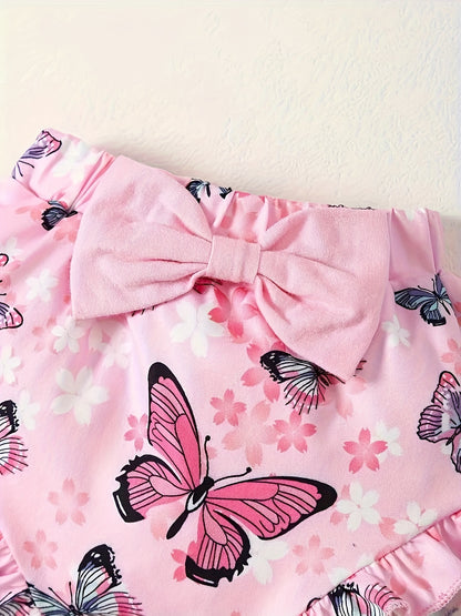 Baby Girl Cute Butterfly Patterned Round Neck Jumpsuit, Casual Bow Printed Shorts And Headband Three-Piece Set, for Outdoor