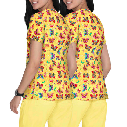 [Trendy Butterfly Print Tops] 2pcs Set of Trendy Butterfly Print Nursing T-Shirts | Digital Full-Print, Slit Pocket V-Neck Casual Tops for Women's Workwear