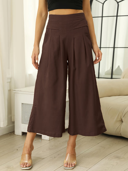Women' Boho Linen Palazzo Wide Leg Pants - Elastic Capri Trousers with, 7/8 Length Culottes Suitable for Spring Summer Fall, Casual Solid Color Elastic Pants for Outfits & Casual Attire