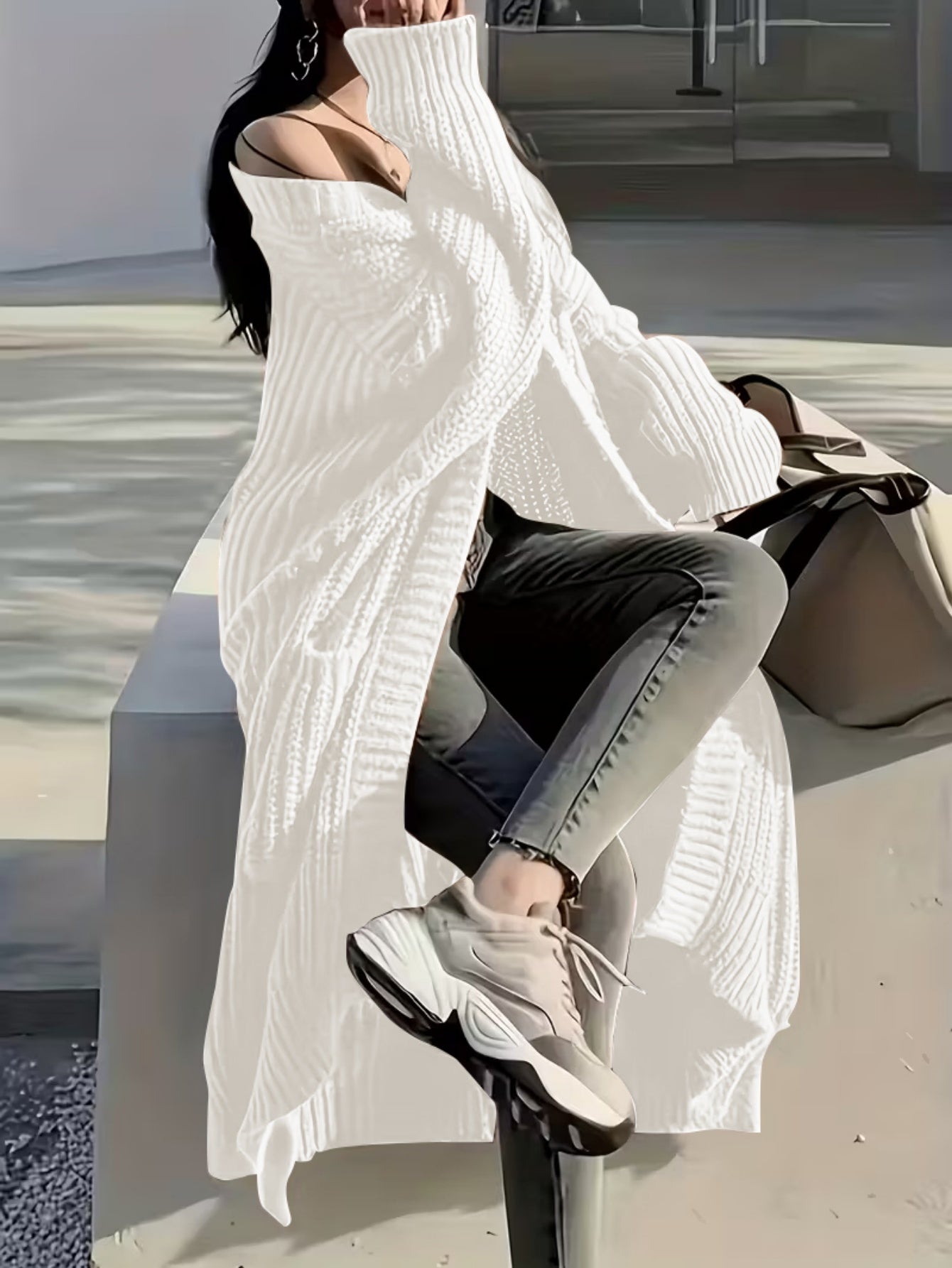 Plus Size, Solid Color Plus-Size Women's Long Pocket Cardigan Loose Over-the-Knee Sweater Coat Fashion Versatile Outerwear