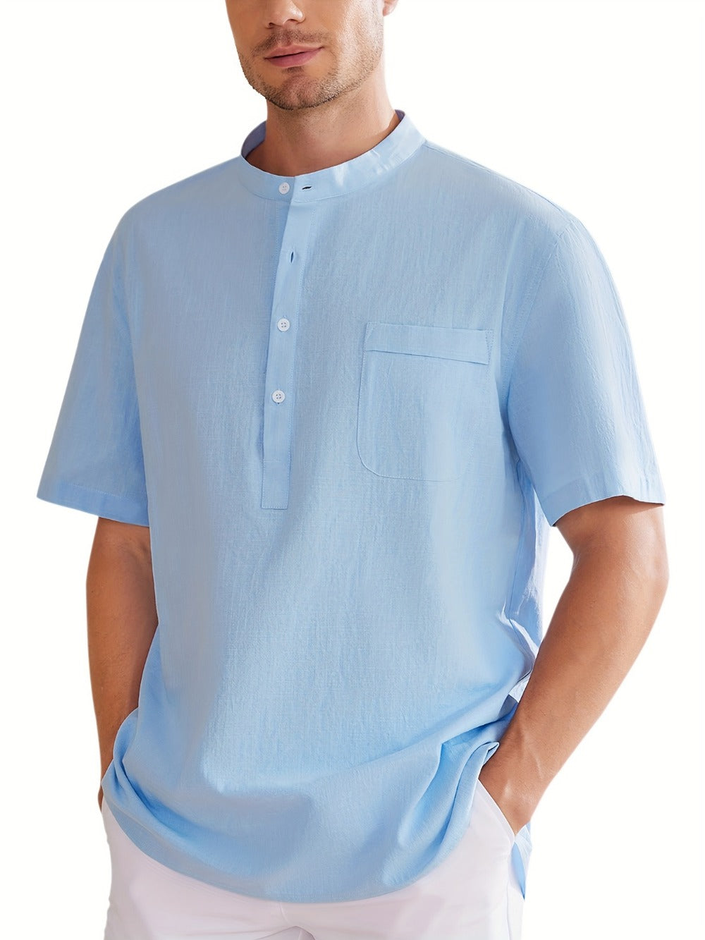 Men's Plus Size Henley Shirt – Sky Blue Short Sleeve