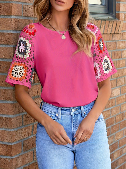 White Floral Crochet Short Sleeve Top
