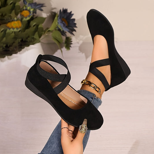 2026 New Women's Black Fashionable One-legged Loafers, Elastic-belt Comfortable Soft Sole Ballet Shoes, Lightweight Wedge Daily Casual Shoes, Solid Color Elegant Flat Shoes, Women Shoes