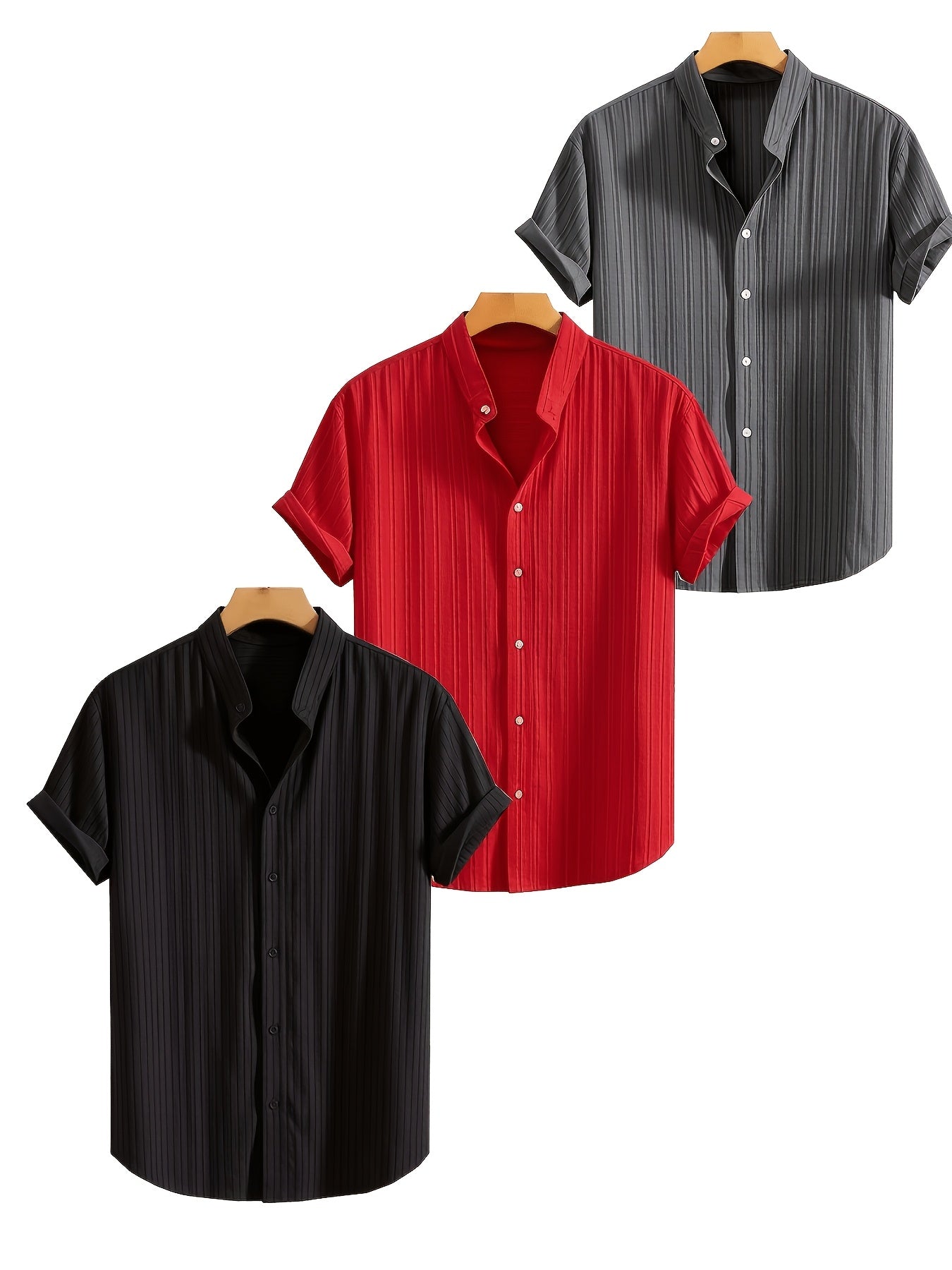 3-Pc Men'S Striped Shirts | Casual Comfortable, Regular Fit, Button Stand Collar, Ideal for Daily Wear And Beach Vacations