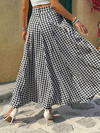 Women'S Elegant Checkered Mid-Length Skirt - High Waist, Flowing A-Line Silhouette, Opaque, Ideal for Spring And Autumn Seasons, Versatile Mid-Length Skirt | Elegant A-Line Skirt | Fashionable Texture