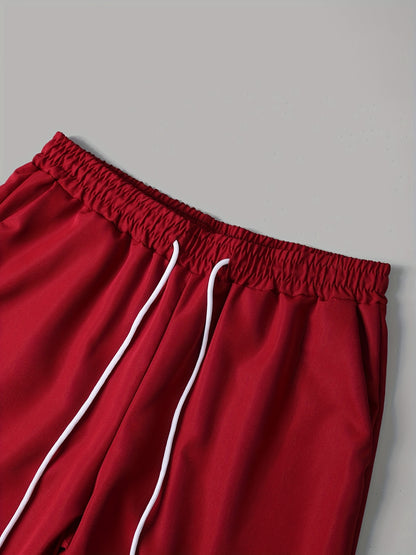 Men'S Summer Casual 2pcs Athletic Set, Short Sleeve Crew Neck T-Shirt And Long Pants, 100% Polyester, Slight Stretch, Knit Fabric, with Pocket Detail, Regular Fit