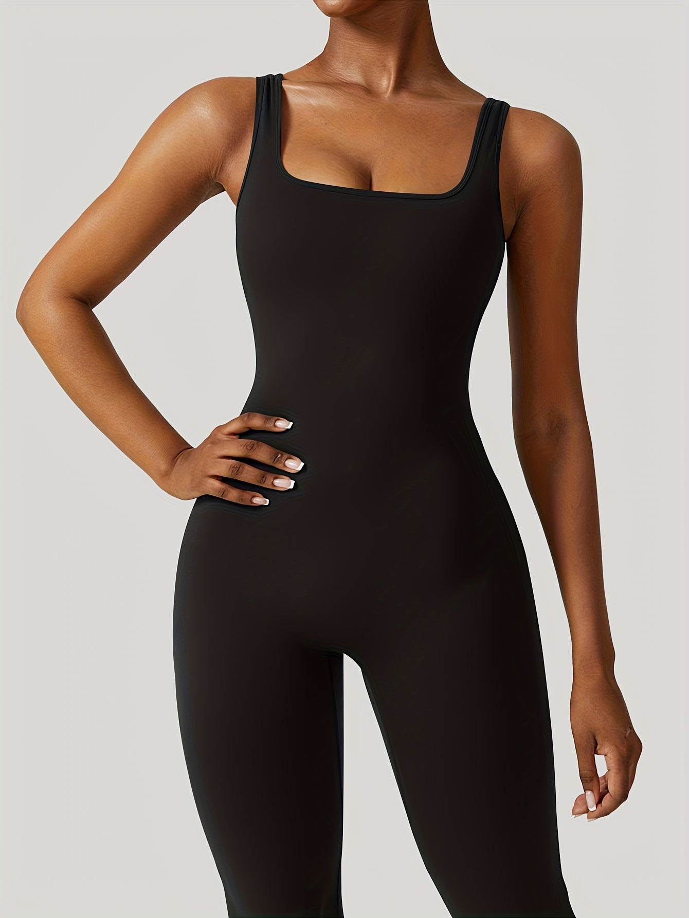 2pcs-Women'S Flare Jumpsuits Seamless Scrunch Workout Romper Square Neck Backless Wide Leg Unitard