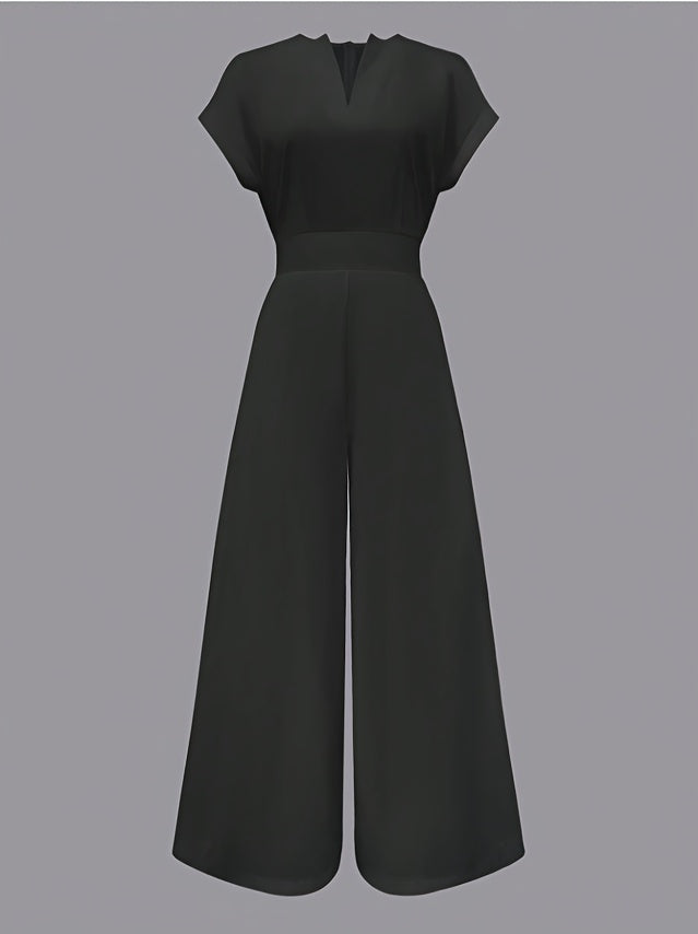 Women'S One-Piece Home Clothes, Solid Color Short-Sleeved V-Neck Wide-Leg Jumpsuit, Women'S Elegant Waist Pants, High-End Fashion Slim-Fitting Wide-Leg Pants with Pockets
