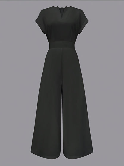 Women'S One-Piece Home Clothes, Solid Color Short-Sleeved V-Neck Wide-Leg Jumpsuit, Women'S Elegant Waist Pants, High-End Fashion Slim-Fitting Wide-Leg Pants with Pockets