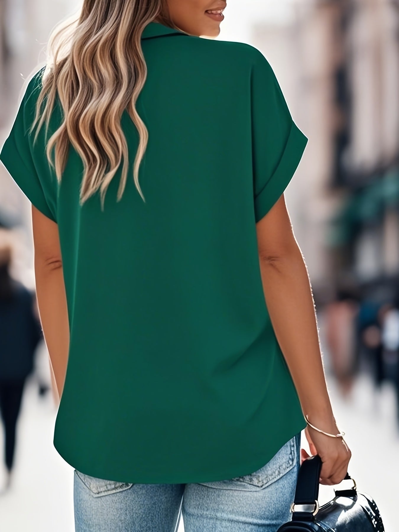 2025 Spring/Summer New Solid Color V-Neck Bat Women'S Short Sleeve Polo Collar Top Solid Color Women'S Shirt