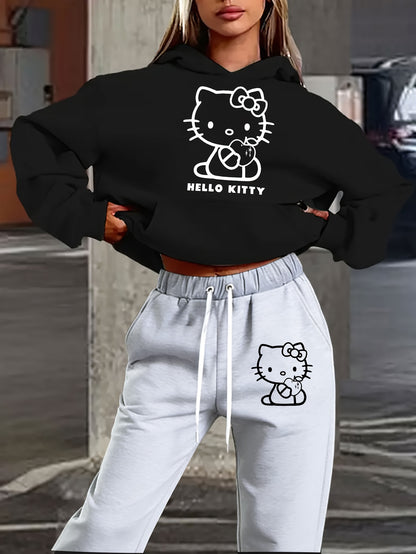 Women's Autumn and Winter Fashion Casual Sweater Casual Pants 2pcs Set, Printed with Sanrio Hello Kitty Pattern Print Design, Women's Casual Pants Set, Fashion Hooded Sweater + Drawstring Trousers 2pcs Set, Loose Version