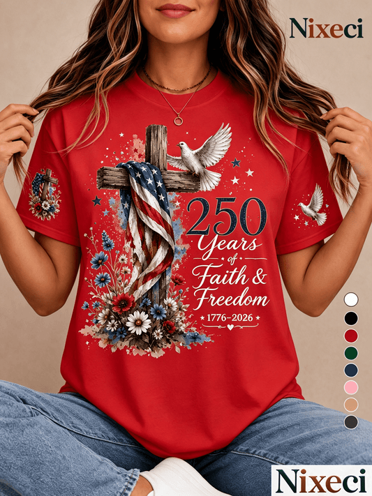 Women'S Fashion T-Shirt with Wooden Cross Flag Dove Flower And Star Print, Summer Casual Vacation Loose Fit Short Sleeve Top