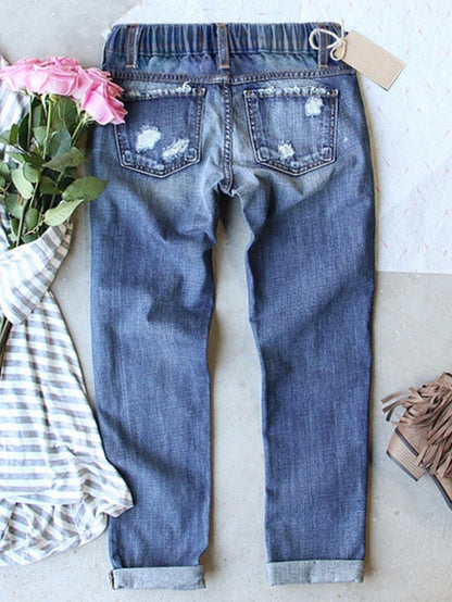 2025 Women's Jeans  Street Ripped Christmas Print Patch Straight Leg Pants Santa Claus Print