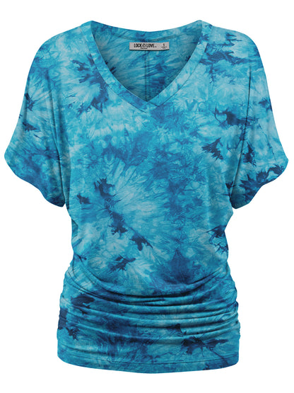 Women's Short Sleeve V Neck Tie-Dye Dolman Top w/Side Shirring