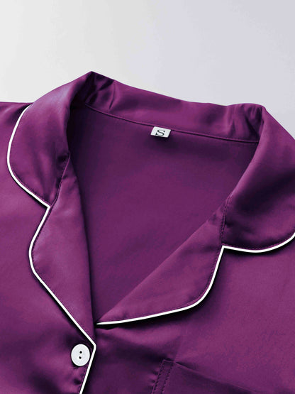 Women's Satin Casual Comfortable 1 Set 2pcs Pajama Outfit, Turn- Collar Long Sleeve Top & Elastic Waistband Trousers Women's Sleepwear