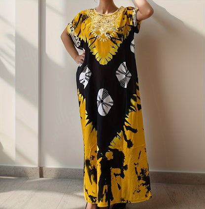 Elegant Ramadan Kaftan Dress: Middle Eastern Women's Long Sleeve, Floral Print, Rayon/Viscose, Seasonal, Straight Cut,, Sari Style, Suitable for All Seasons