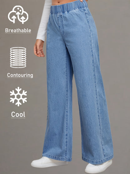 Women's Versatile Mid-blue Casual Stretch Waist Wide-leg Loose Regular Lightweight Denim Jeans