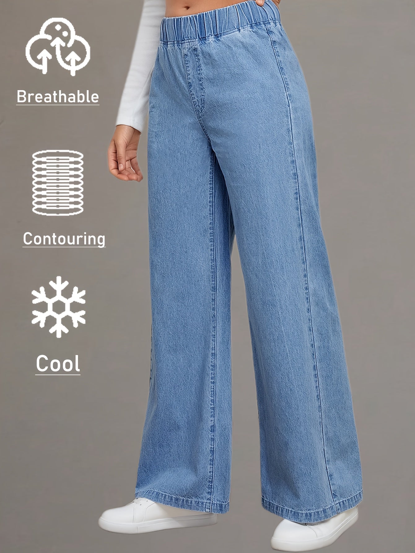 Women's Versatile Mid-blue Casual Stretch Waist Wide-leg Loose Regular Lightweight Denim Jeans