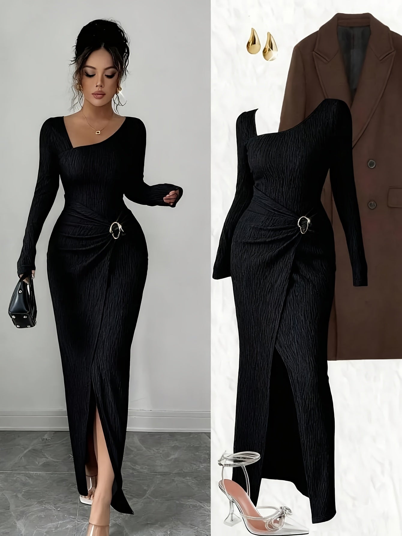 Women'S Solid Color Twisted Split Maxi Dress Asymmetrical Neck Slim Bodycon Fall Winter Elegant Fashion Dress