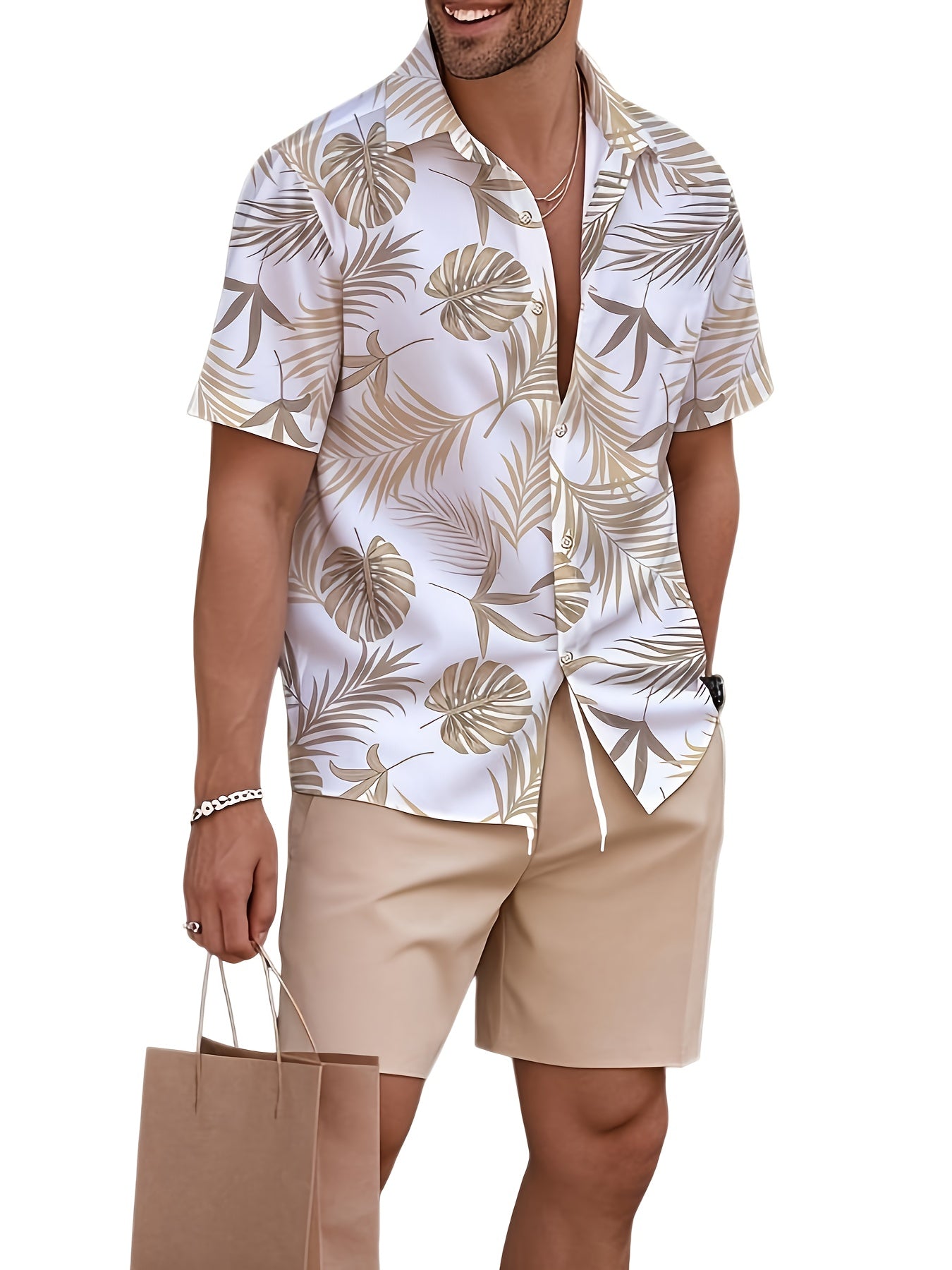 Men'S Short Sleeve Button-Up Shirt And Shorts Set with Leaf Design, Ideal for Summer Outdoor Fun