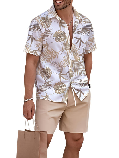 Men'S Short Sleeve Button-Up Shirt And Shorts Set with Leaf Design, Ideal for Summer Outdoor Fun