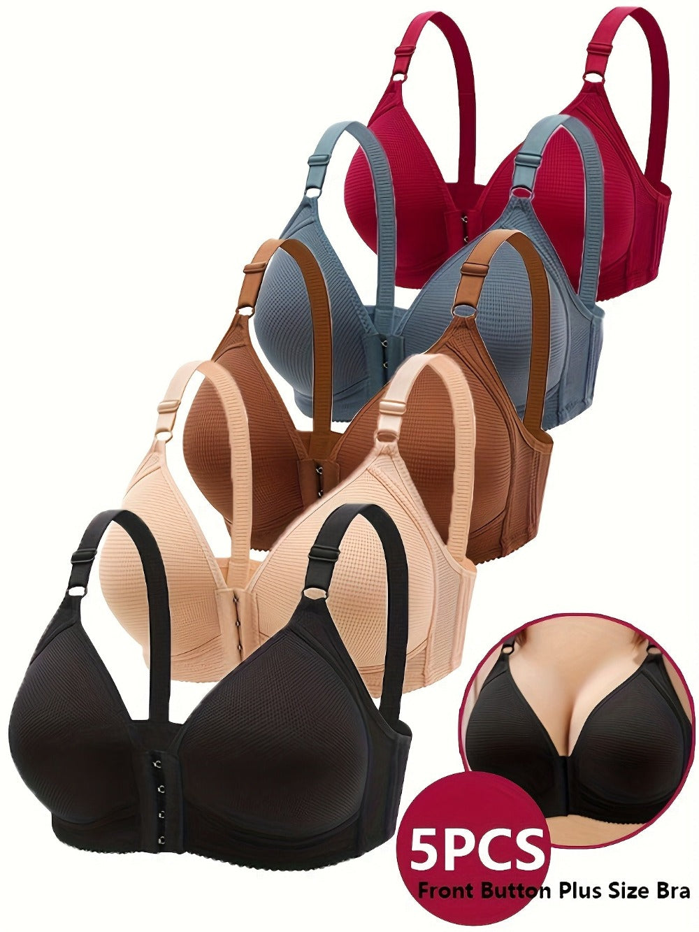 Women's Front-Closure Wireless Bra - 5-Pack Fixed Padding, Everyday Support