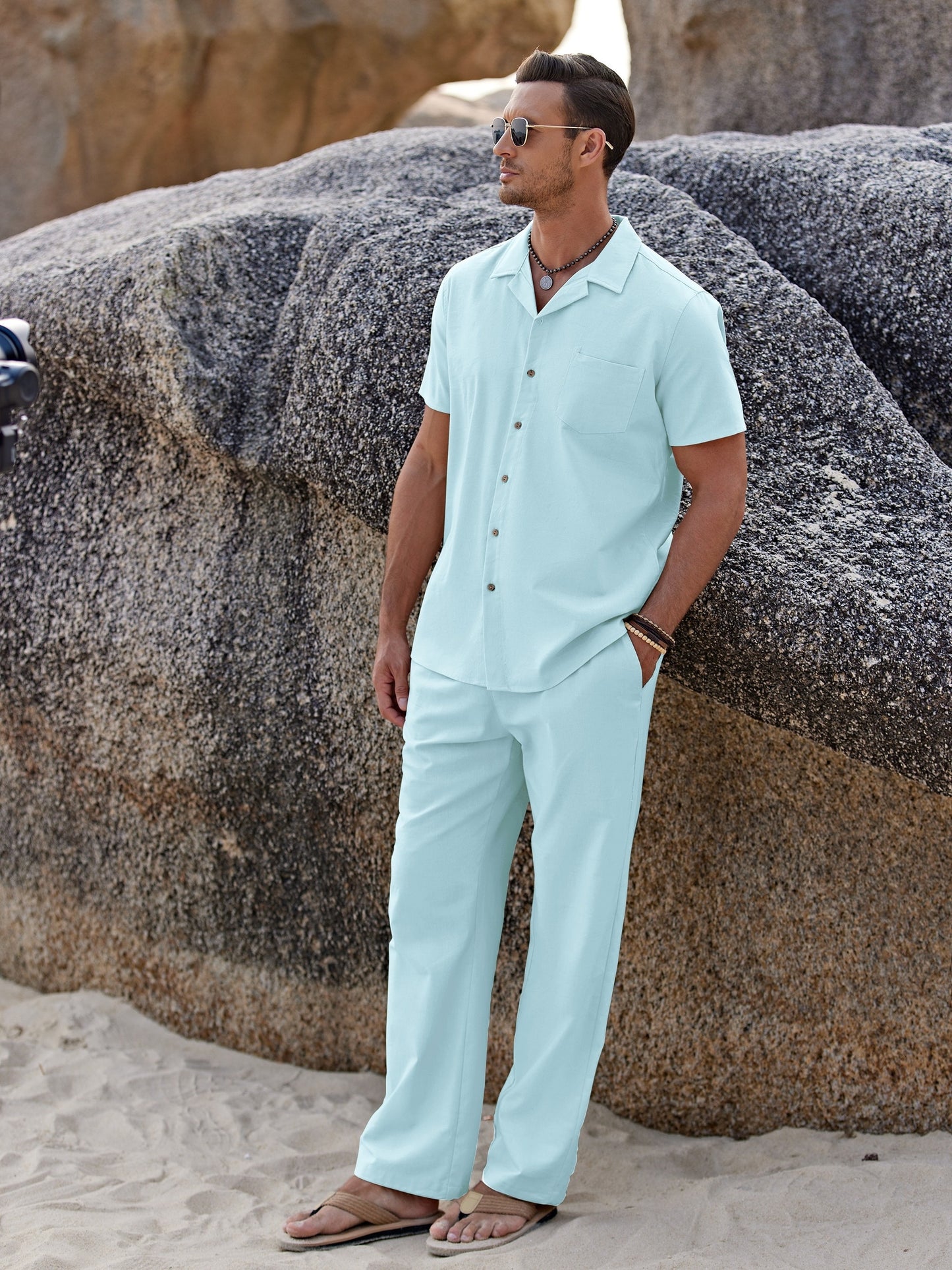 Men 2pcs Linen Outfit Beach Button- Shirt Casual Loose Pant Sets