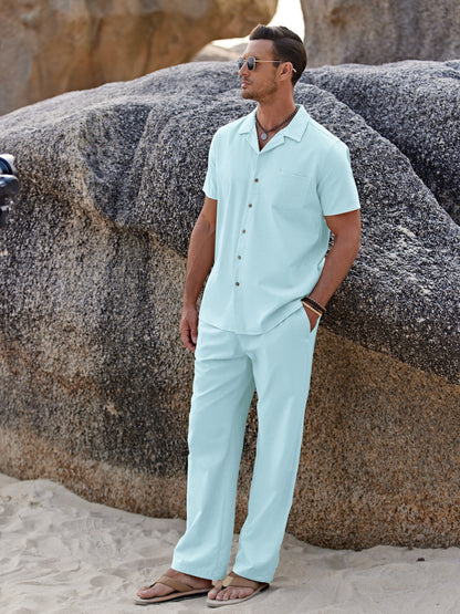 Men 2pcs Linen Outfit Beach Button- Shirt Casual Loose Pant Sets