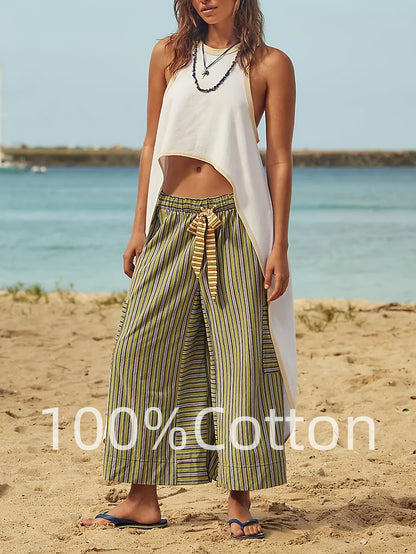 Women's Wide Leg Pants with Elastic Waist & Striped Drawstring - Striped Horizontal Stripes Trousers Suitable for Spring/Summer, Casual Lounge Pants with Side Pockets, Machine Washable Wide-Leg Trousers for Warm Weather