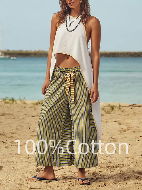 Women's Wide Leg Pants with Elastic Waist & Striped Drawstring - Striped Horizontal Stripes Trousers Suitable for Spring/Summer, Casual Lounge Pants with Side Pockets, Machine Washable Wide-Leg Trousers for Warm Weather