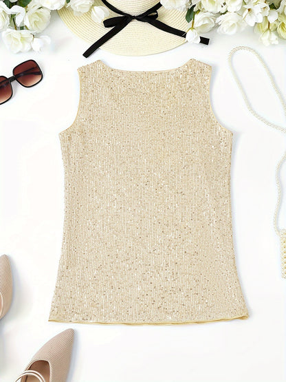 Sparkling Sequin V-Neck Sleeveless Top, Elegant Casual Tank for Spring and Summer Wear