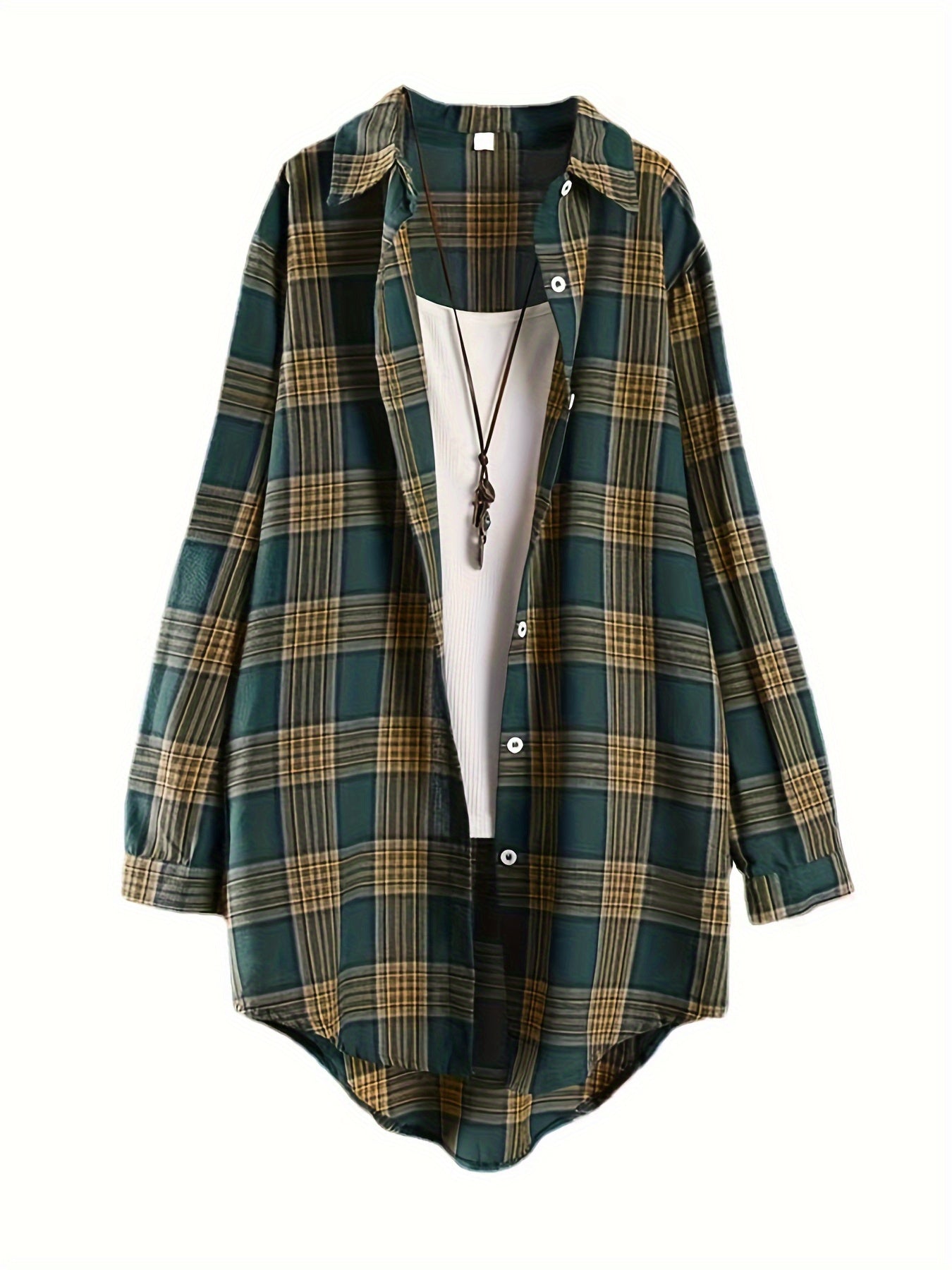 Plus Size - Plus Size - Plus Size Womens Casual Plaid Shirt - Lapel Collar, Dipped Hem, Semi-Sheer, Long Sleeve, Button Front, Perfect for All Seasons