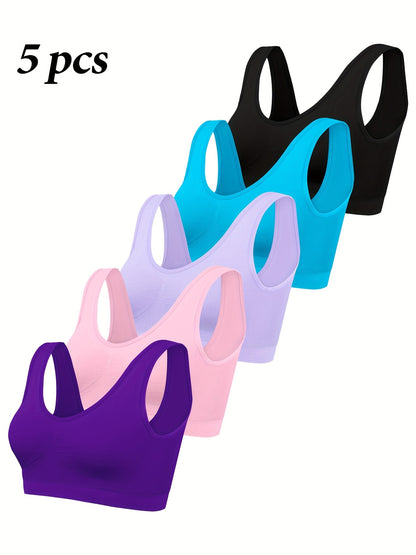 5pcs Set Of Women's Non Padded Underwear, Comfortable Single-layer Seamless Sports Bra, Women's Yoga Vest Style Underwear