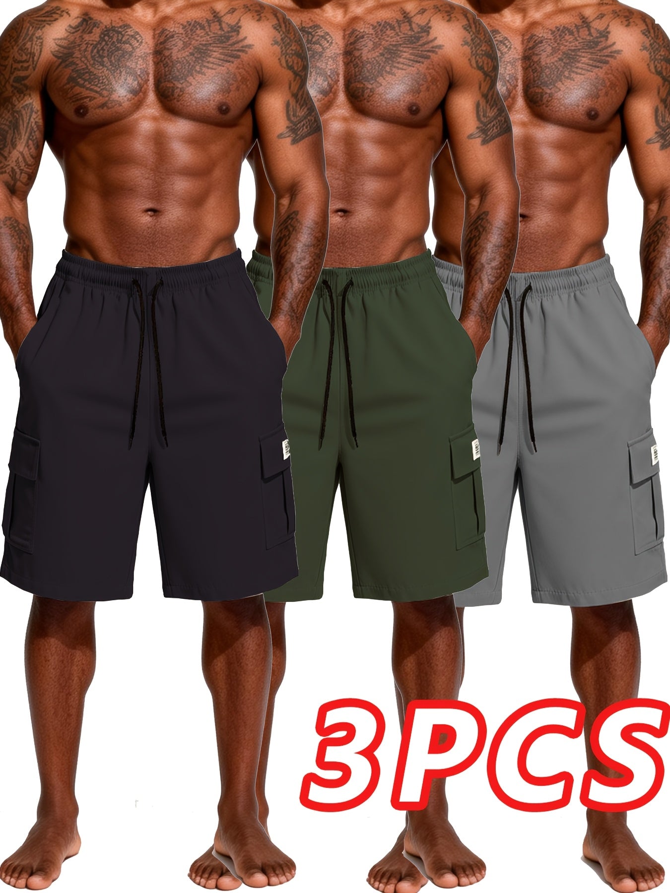 Men's Black+green+gray Polyester Cargo Shorts - product view 12