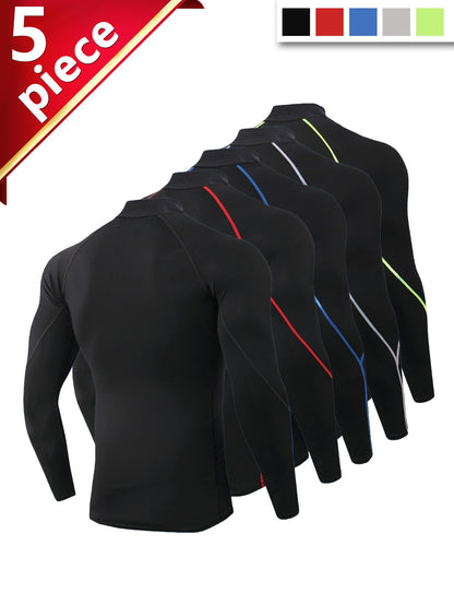 5 Breathable Quick-Dry Men'S Compression Long Sleeve Sportswear - High Stretch Polyester Blend Round Neck Top, Suitable for Running, Basketball, Gym and Casual Wear, Gym Shirt
