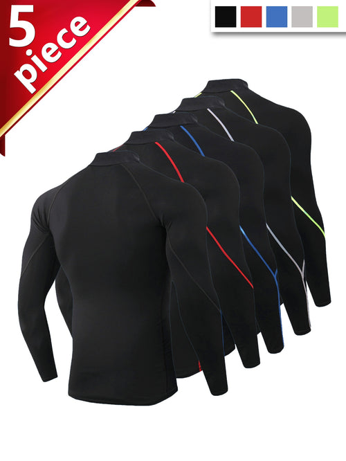 5 Breathable Quick-Dry Men'S Compression Long Sleeve Sportswear - High Stretch Polyester Blend Round Neck Top, Suitable for Running, Basketball, Gym and Casual Wear, Gym Shirt
