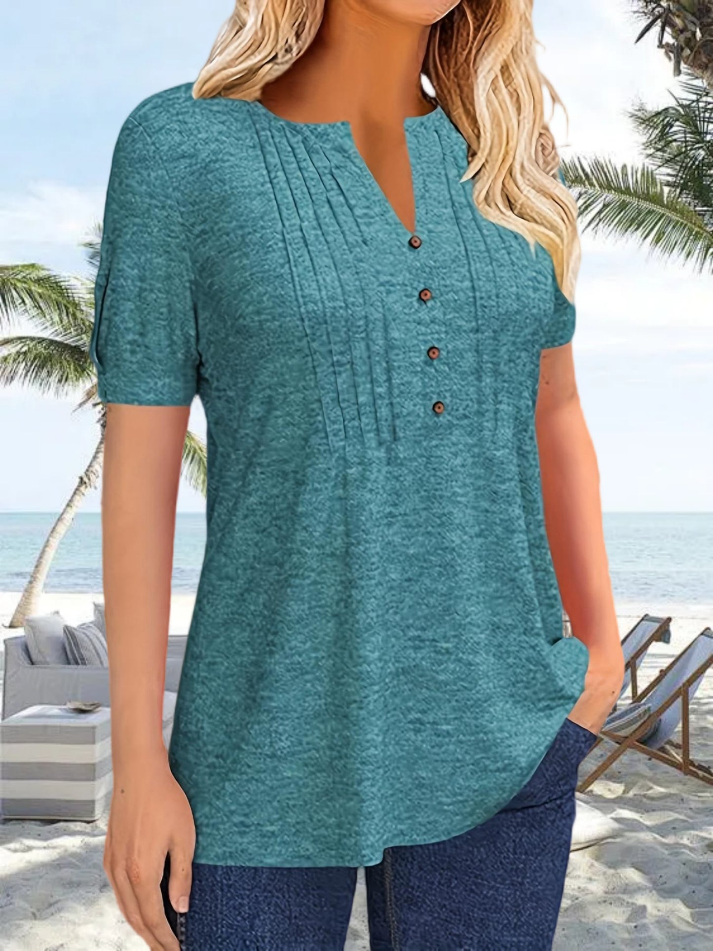 Women's Hot-selling Summer Casual V-Neck Pleated Blouse Short Sleeve Button-Up Solid Color Top