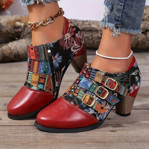 Women's Cowgirl Boots with Chunky Heel - Round-Toe Ankle Boots Suitable for Casual & Formal Outfits, Zipper Closure, Durable PU Sole & Synthetic/Fabric Upper, Versatile Western Footwear, Year-Round Wear, Women Shoes