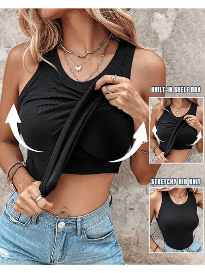 4pcs Women's Ribbed Tank Tops with Built-in Bra, Slim Fit Sleeveless Scoop Neck Camisole Pack, Premium Comfort Basic Undershirts