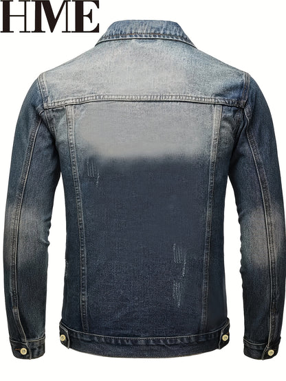 HME Men'S Spring And Autumn Style, Denim Jacket, Slim Fit Fashionable Embroidered Men'S Denim Coat, Suitable for Daily Streetwear, Motorcycle, And Stylish Outfits, Tailored Without Stretch, with a Defined Shape