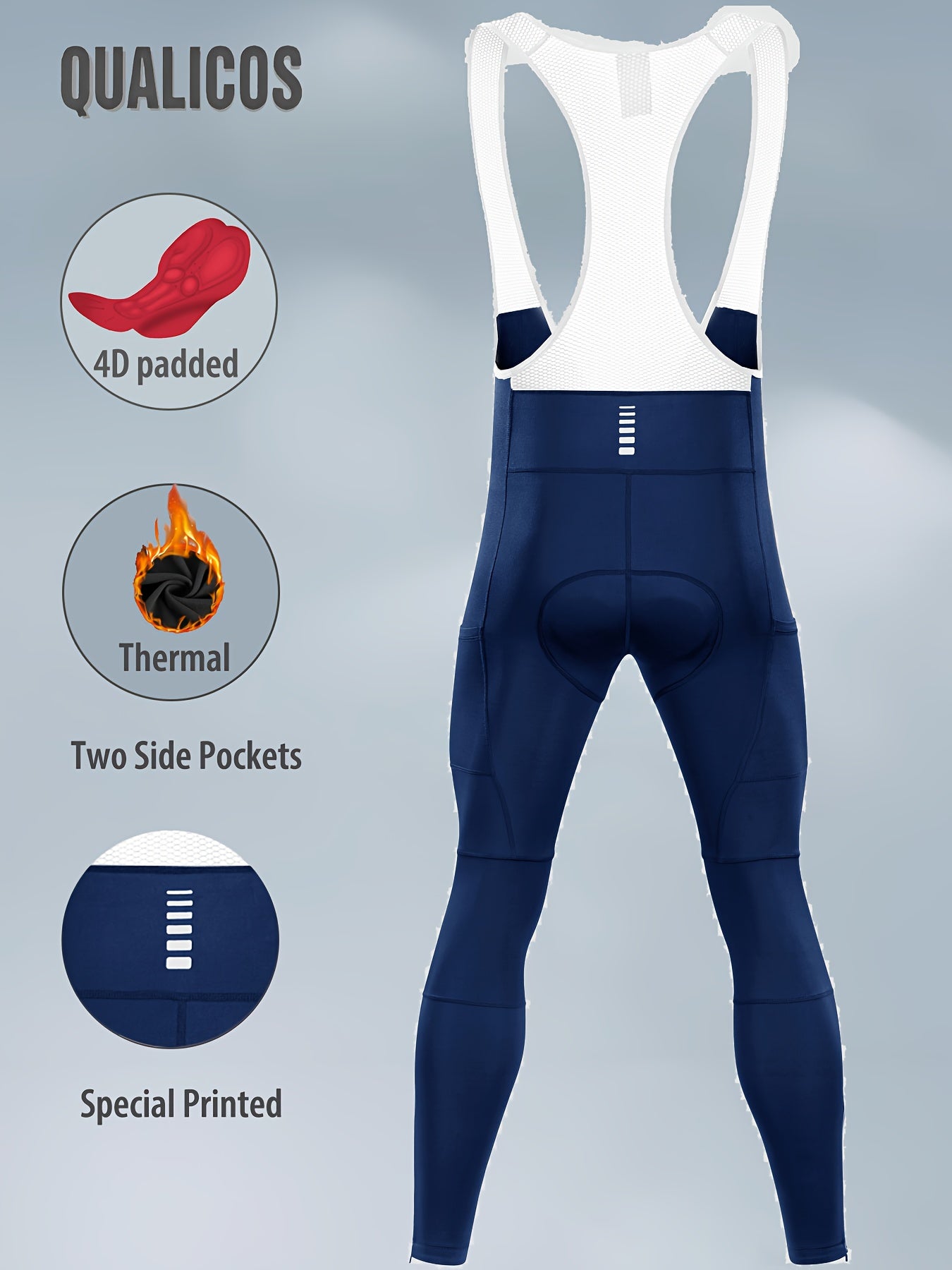 QUALICOS Men'S Insulated Cycling Bib Tights - Cold Weather Pants Featuring Fleece Lining, Shock-Absorbing Padding, Stretchy Mesh Material, Side Pockets & Ankle Zippers - Form-Fitting Bike Leggings for Winter Cycling, Running, And Commuting - Black