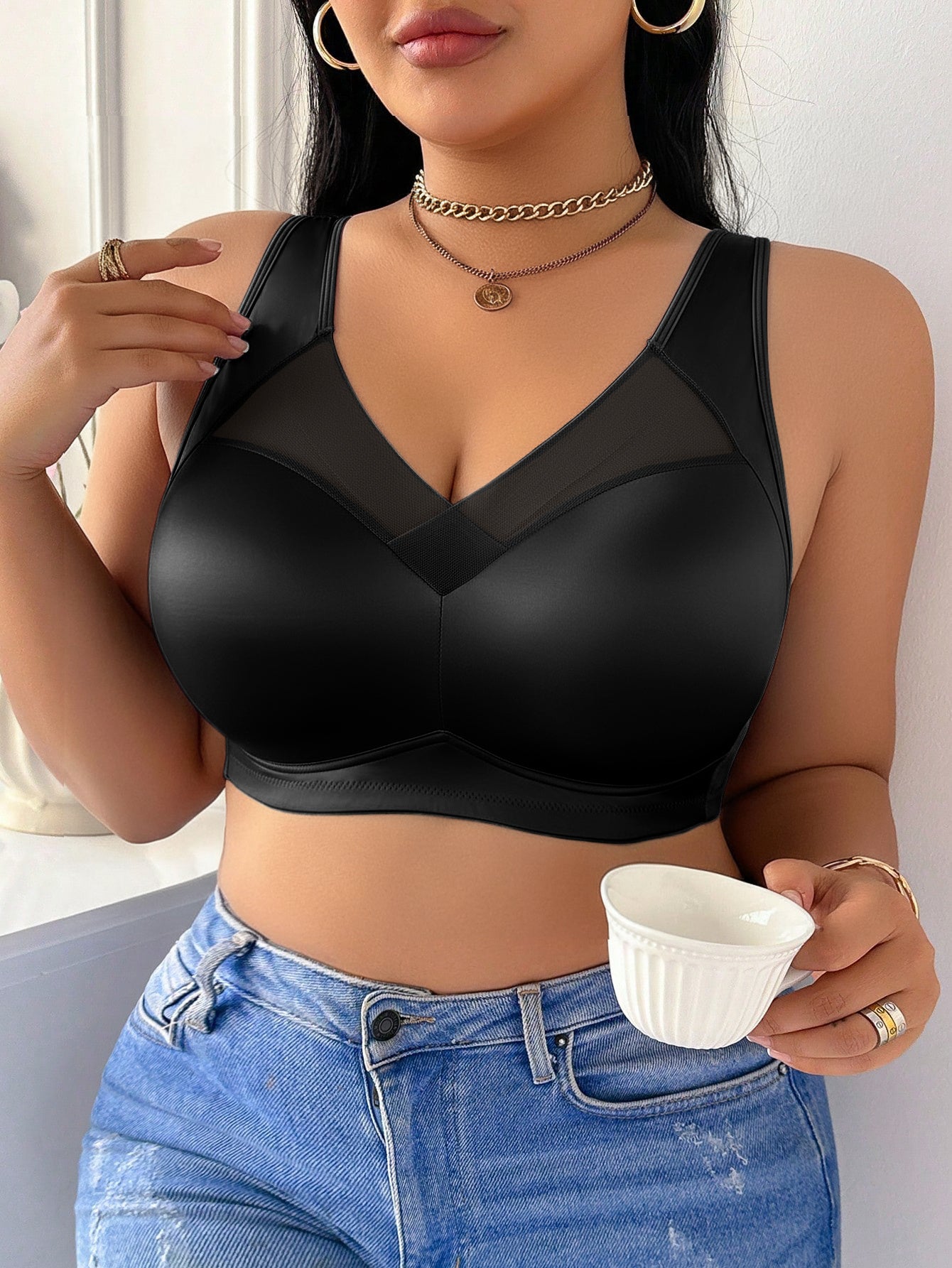Wire-Free Plus Size Bra for Women - Mesh Design, Glossy Satin Seamless Underwear, Comfortable Breathable Soft Support, Non-Adjustable Straps with Non-Removable Padding, Nylon Smooth Plus Size Bra, Perfect for Everyday Casual Wear