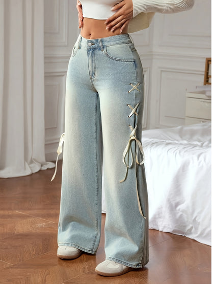 Women'S Fashion Bow-Tie Straight-Leg Jeans High-Waisted Relaxed-Fit Washed Stretch Denim Pants Casual Wide-Leg Trousers Trendy Y2K Street Style