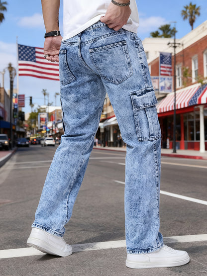 Men's Workwear Jeans: Multi-pocket Design, Loose Straight-leg Fit. Casual Street Style, Comfortable and Versatile, Suitable Casual Outfits, Fashionable Long Pants Straight-leg Jeans Durable Fabric, Suitable All Seasons