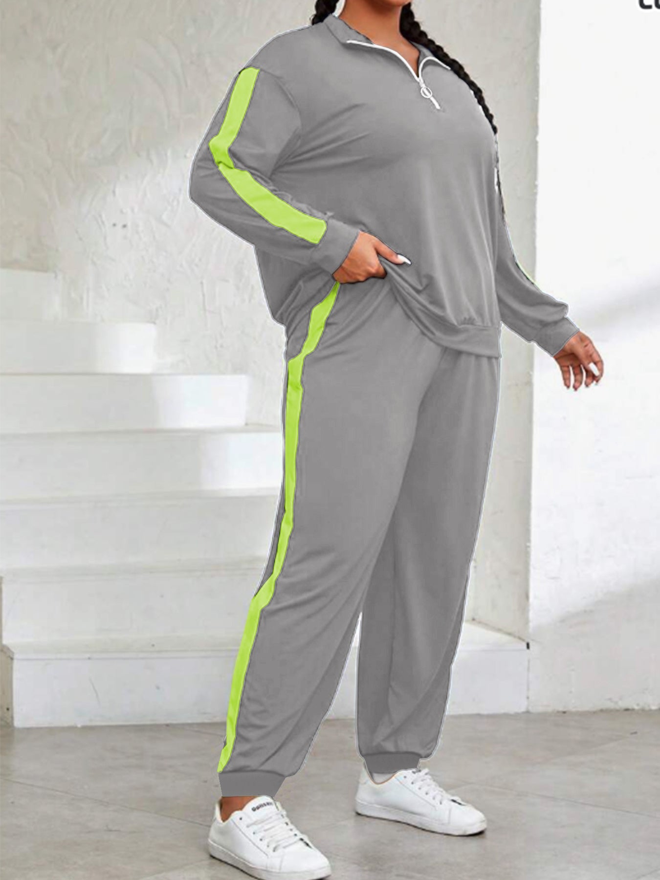 Plus Size, Plus Size Women's Spring And Autumn Contrast Color Casual Suit, Half Zip Pullover Long Sleeve Top And Trousers Two-Piece Set