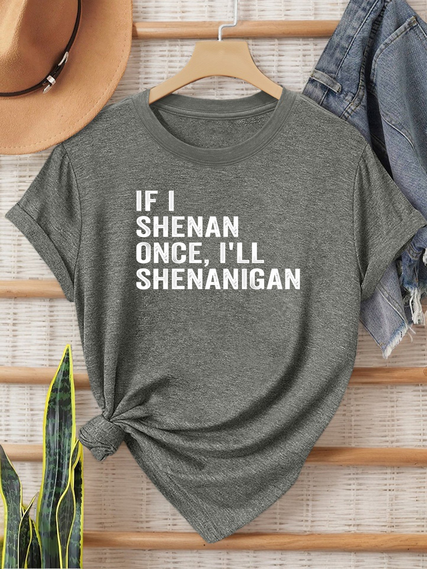 Ladies' Casual Summer T-Shirt - Women'S Knotted Hem Design with Graphic Print 'If I Shenan Once, I'll Shenanigan', Round Neck, Comfortable Fit for Everyday Wear and Sports, Fashion Street Style Tee