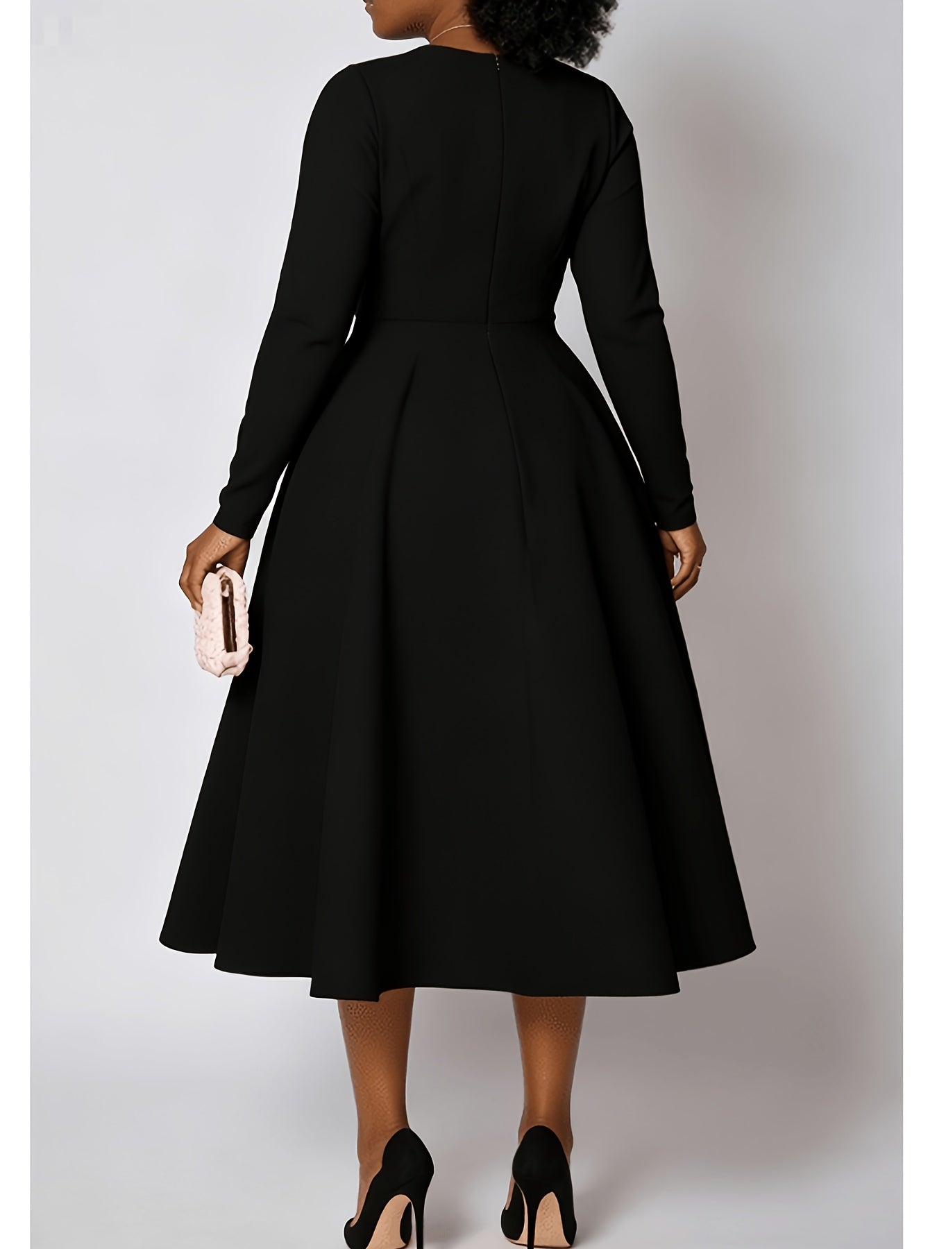 Plus Size - Plus Size Women'S Solid Color Round Neck Long Sleeve Back Pleated Flared Dress Autumn And Winter Elegant Long Dress