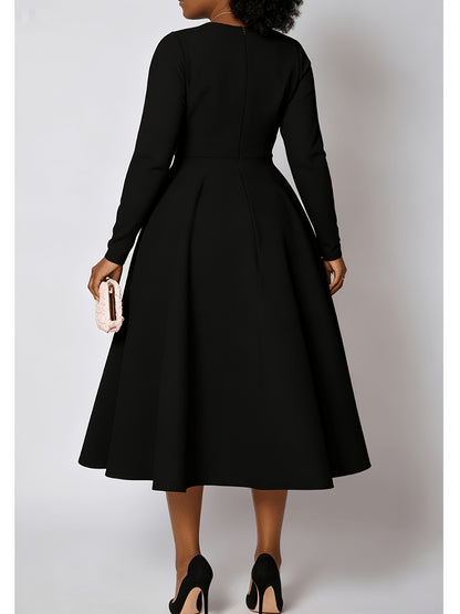 Plus Size - Plus Size Women'S Solid Color Round Neck Long Sleeve Back Pleated Flared Dress Autumn And Winter Elegant Long Dress