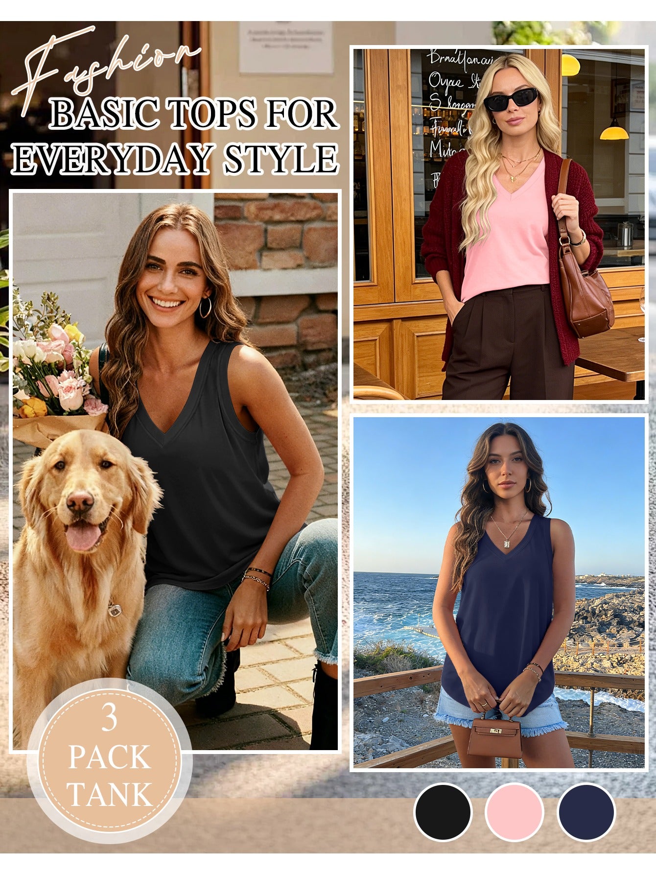 [3 Pack Tank Tops] 3 Pack Womens Tank Tops 2026 Spring Summer Vacation Outfits V Neck Loose Sleeveless Blouse Casual Shirts Fashion Clothes